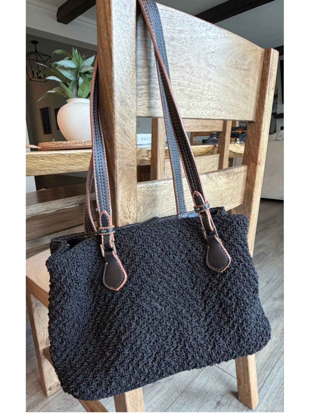 Vintage Liz Claiborne Black Woven Crochet Shoulder Bag Boho Beaded Straps